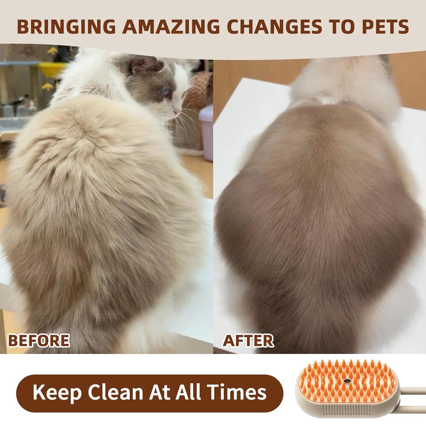 4 in 1 Cat Steam Brush for Shedding, Rechargeable Steam Pet Brush for Dog and Cat, Anti-Static, Massage, Cleaning, Shedding & Combing All in One!(Brown)