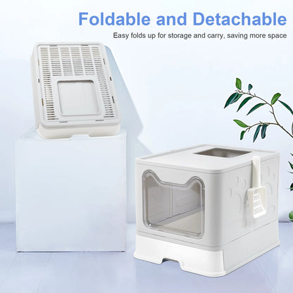 XXL Foldable Cat Litter Box with Front Entry and Top Exit Tray
