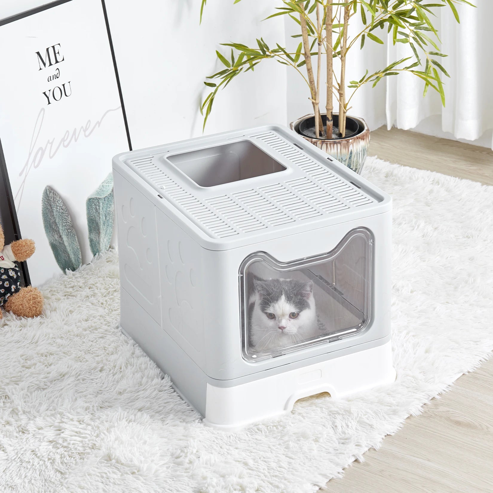 XXL Foldable Cat Litter Box with Front Entry and Top Exit Tray