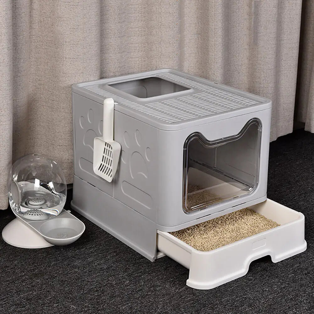 XXL Foldable Cat Litter Box with Front Entry and Top Exit Tray