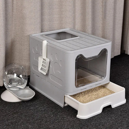 XXL Foldable Cat Litter Box with Front Entry and Top Exit Tray