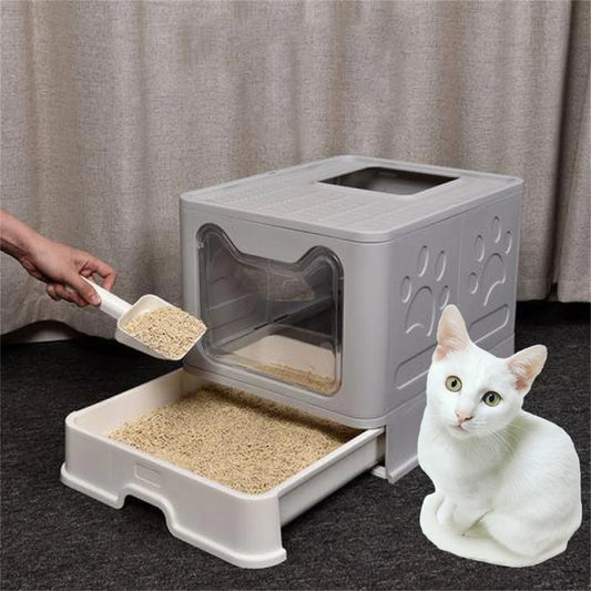 XXL Foldable Cat Litter Box with Front Entry and Top Exit Tray